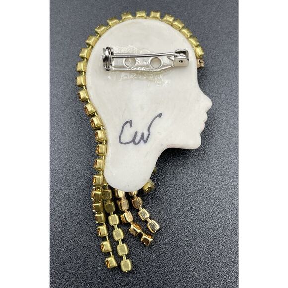 Amber Rhinestone Egyptian Flapper Lady Face Head Brooch Signed CW - Picture 6 of 7